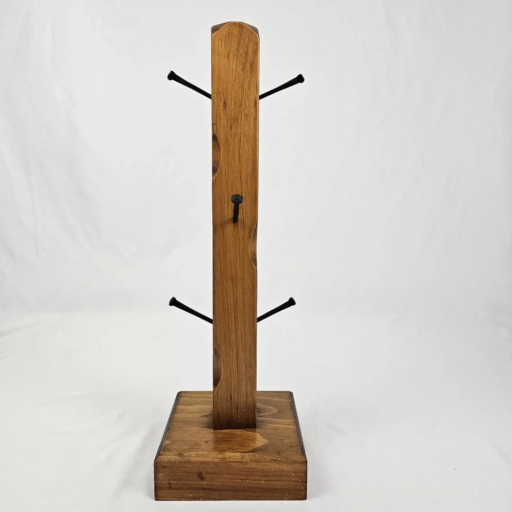 Vintage Rustic Wooden 6 Cup Coffee Mug Stand Tree Stand Farmhouse Basketville